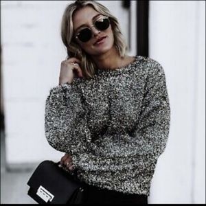 Anthropologie Leith Sweater Gold Silver Black Metallic Tinsel Balloon Sleeves